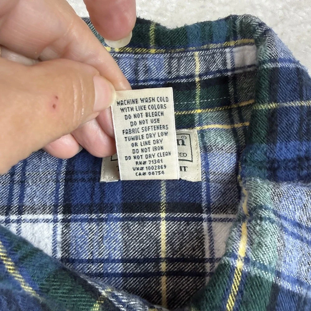 L.L. Bean Flannel Shirt Men L-Tall Blue Green Plaid Traditional Fit 228066